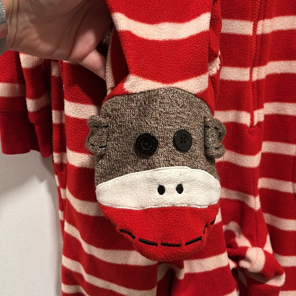 Nick & Nora Red and White Stripe Sock Monkey Footed Onesie Pajamas - Picture 5 of 9